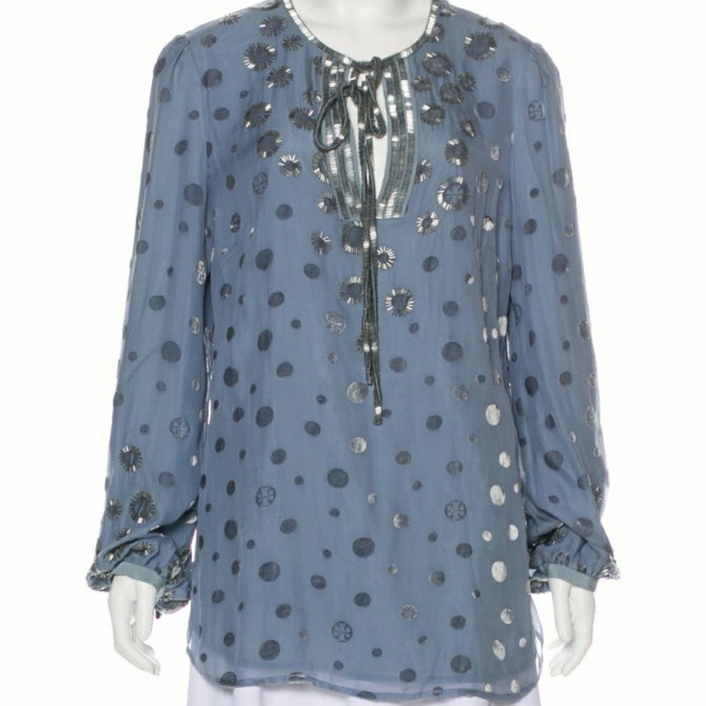 Tory Burch Gray Silk Embellished Blouse